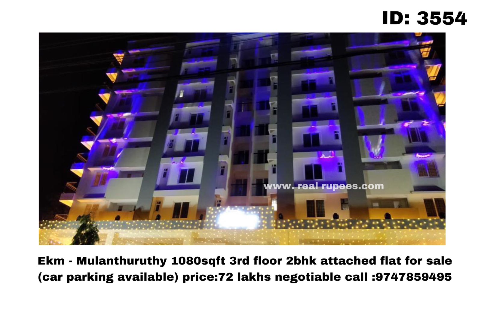 Ekm - Mulanthuruthy 1080sqft 3rd floor 2bhk attached flat for sale (car parking available)
